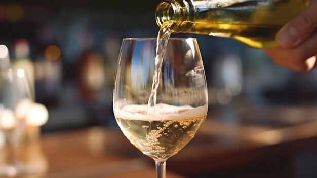 Generative AI closeup of a man pouring champagne or sparkling wine into a glass