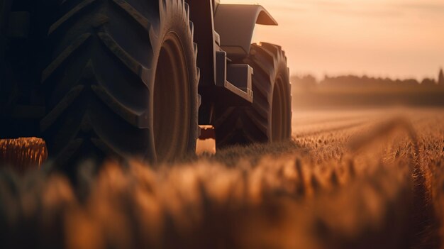 Generative AI closeup modern combine harvester on a wheat field farm landscape agricultural