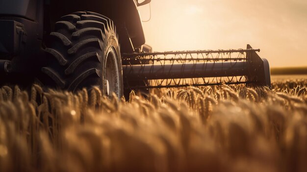 Generative AI closeup modern combine harvester on a wheat field farm landscape agricultural
