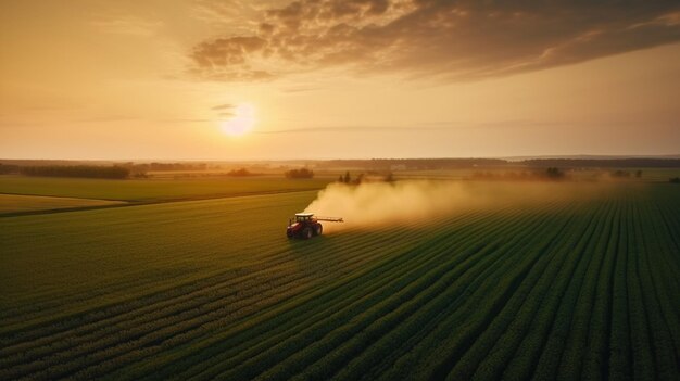 Generative AI closeup modern combine harvester on a wheat field farm landscape agricultural