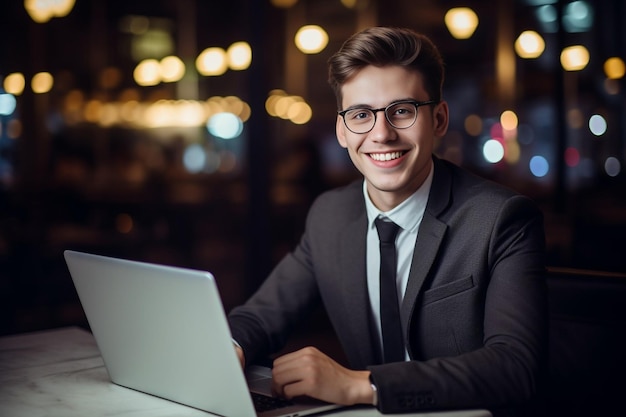 Generative AI Closeup photo Portrait of a young man student wearing a suit studying online He l