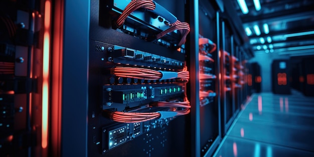 Generative AI Closeup shot of networking cable in the server room server rack with fiber optic cables