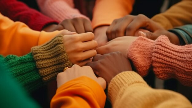 Photo generative ai closeup shows a group of unidentified persons piling their fists on top of one another