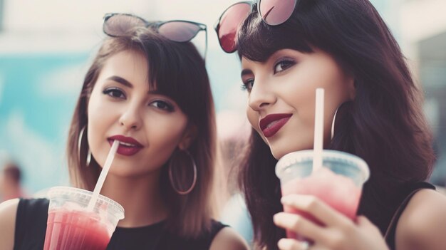 Генеративный ИИ крупным планом двух молодых женщин, потягивающих безалкогольные напитки