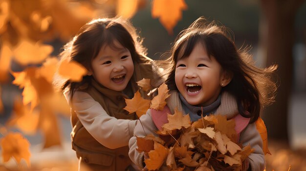 사진 가을에 놀고 있는 어린 아시아 소녀 아이의 생성적 ai 클로즈업 보기