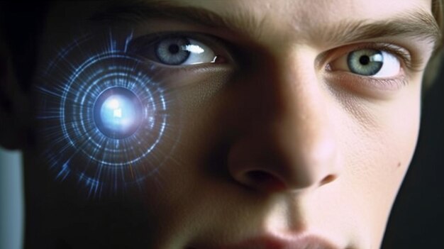 Photo generative ai closeup of a young man using iris scanning