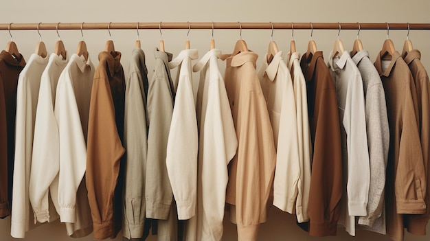 Generative AI Cloth store aesthetic background photo of clothes hanging on hangers muted colors