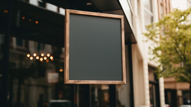 Photo generative ai coffee shop street signboard mock up for logo design brand presentation aesthetic muted neutral colors on the wall outdoorx9xa