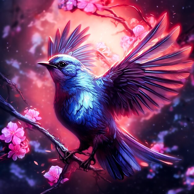 Generative AI colorful bird flying in background with flowers