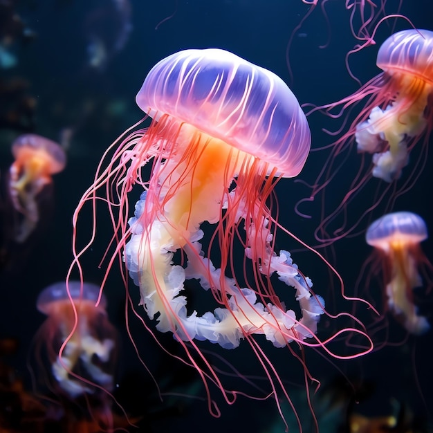 Генеративный AI Разноцветные медузы, скользящие по акварельному морскому пейзажу