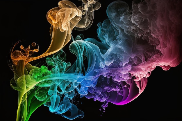 Generative AI a colorful smoke cloud is shown in this image it looks like it is floating in the air and is very dark and blue and yellow with a black background