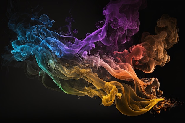 Generative AI a colorful smoke cloud is shown in this image it looks like it is floating in the air and is very dark and blue and yellow with a black background