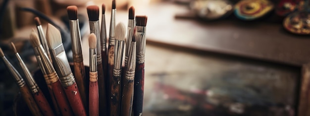 Foto generative ai colorati pennelli usati nello studio di un artista estetici colori attenuati