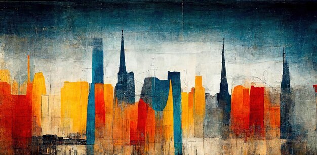 Generative ai colorful watercolor abstract cityscape painted background ink black street graffiti art on a textured paper vintage background washes and brush strokes