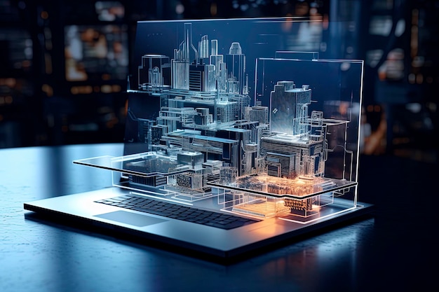 Foto visualizzazione generativa sullo schermo di un computer ai di un'architettura futuristica con connessione digitale