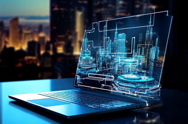 Generative AI computer screen view illustration of futuristic architecture with digital connection