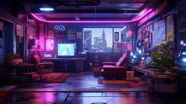 Foto generative ai computer sul tavolo in stile cyberpunk nostalgico anni '80 anni '90 luci notturne al neon vibranti