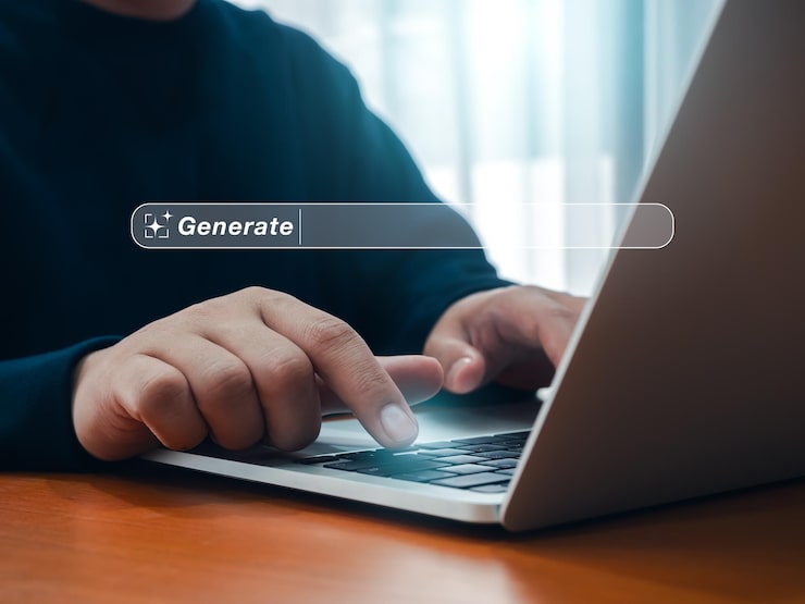 Photo 生成人工智能概念 用于数字内容和自动化数据转换的人工智能技术 生成图标按和空白空格,同时显示人使用笔记本电脑