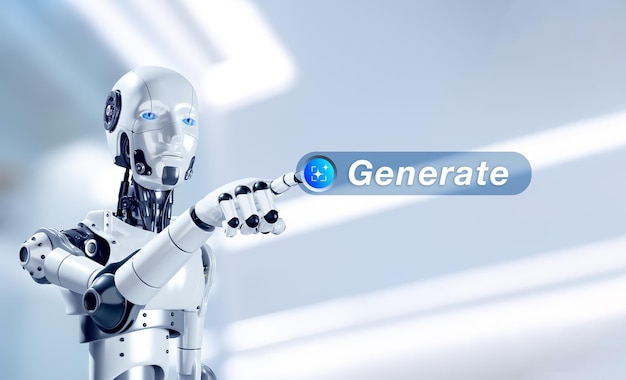 Generative AI concept Artificial intelligence technology for digital content and automated data transformation Robot press Generate button Chat bot computer create smart solution answer to user