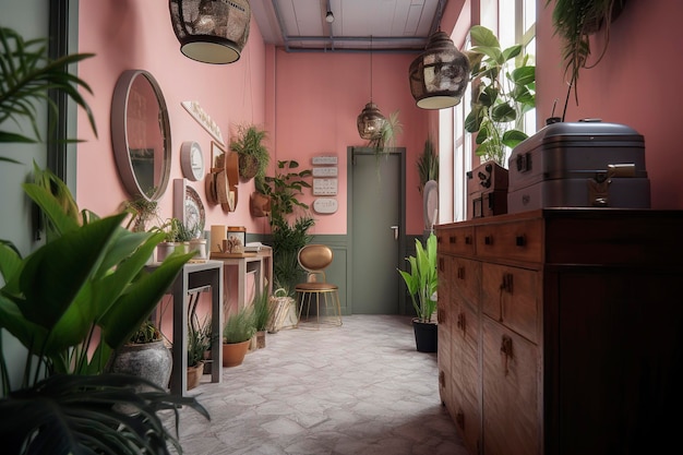 Generative AI concept of Retro luxury store of plants with colored door and glass window decorated in pink tone