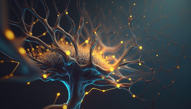 Generative AI Conceptual illustration of neuron cells with glowing link knots in abstract dark space