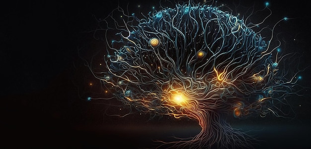 생성 AI 추상적인 어두운 공간에서 빛나는 링크 노트가 있는 뉴런 세포의 개념적 그림