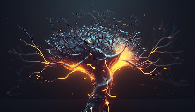 Generative AI Conceptual illustration of neuron cells with glowing link knots