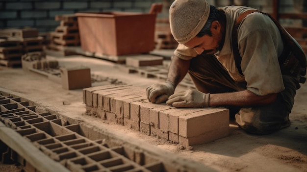 Generative AI construction worker putting bricks with cement