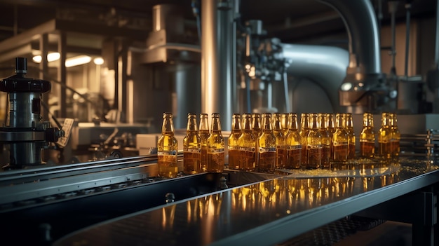 Generative AI Conveyor with beer cans on the beltShop for the production of beer drink