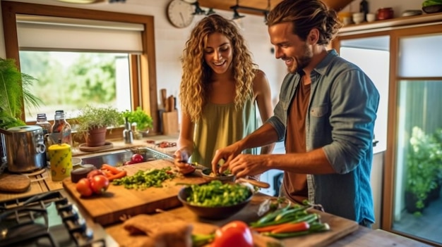 Foto dimostrazione di cucina con intelligenza artificiale generativa da parte di una giovane coppia nella loro modesta cucina domestica