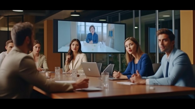 Generative AI a corporate team meeting in a boardroom and a video conference session with content multiracial freelancers