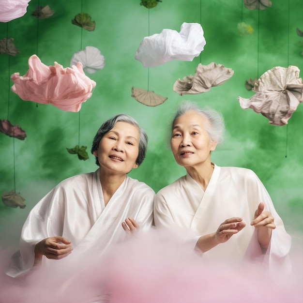 Generative ai couple of asiatic women in floral design background