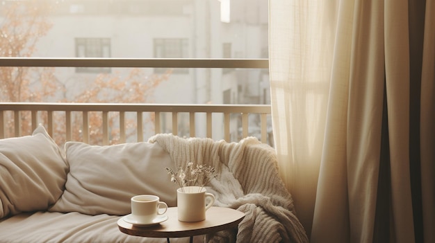 Generative AI Cozy balcony in muted neutral colors with blanket chair and candles