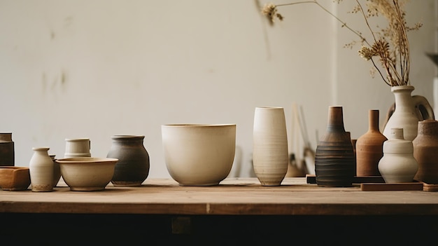 Generative AI crafted pottery still life of hand made pottery and ceramic bowls