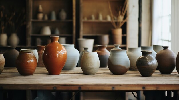 Generative AI crafted pottery still life of hand made pottery and ceramic bowls