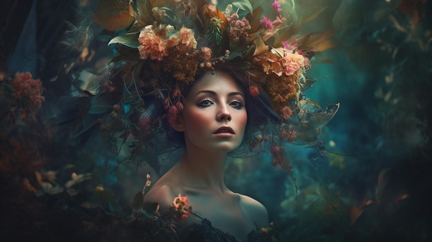 Generative AI created this surreal portrait of a woman in a flower headpiece amid a surreal forest