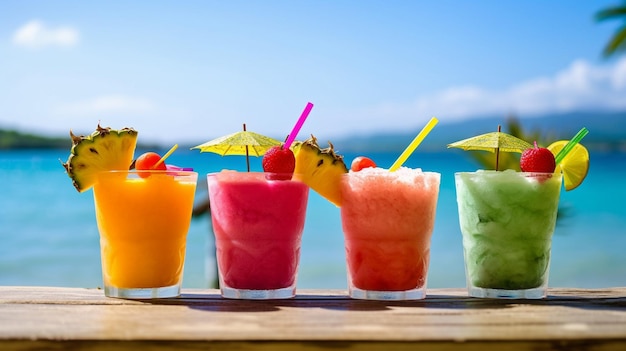 Генеративный ИИ создает яркие тропические напитки на берегу на фоне моря и неба.