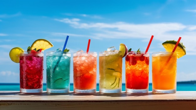 Generative AI creates vibrant tropical drinks on the shore with a sea and sky background