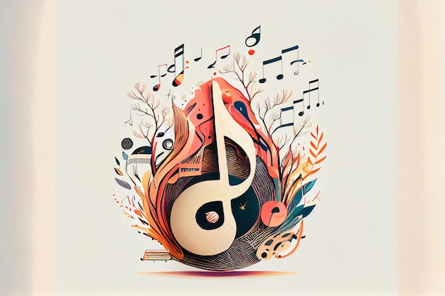 Photo generative ai of creative music note surrounded with nature inspired ornaments against beige background