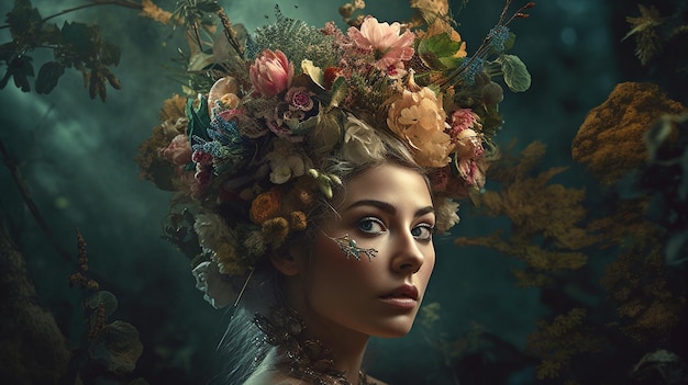 Generative AI creëerde dit surrealistische portret van een vrouw met een bloemenhoofddeksel in een surrealistisch bos