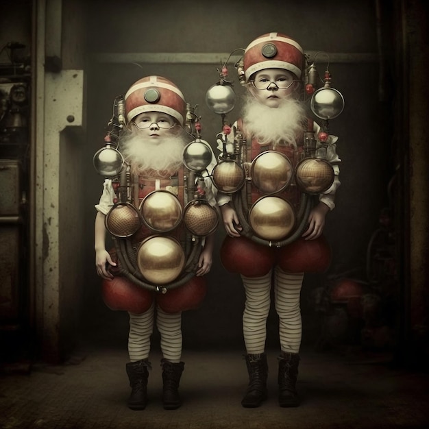 Photo generative ai creepy spooky santa claus twins horror couple of evil santa