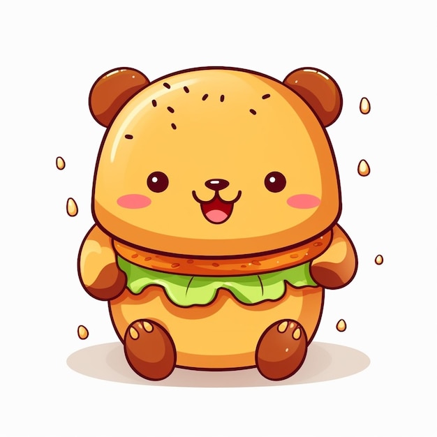 생성 AI 흰색 배경의 귀여운 곰 햄버거 만화동물 캐릭터 디자인