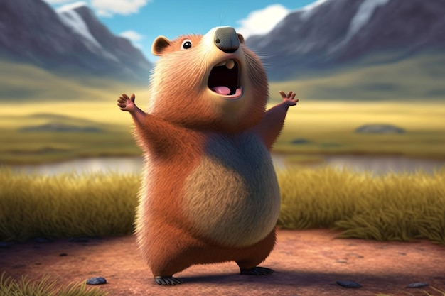 Generative AI of a cute beaver on a meadow cartoon illustration