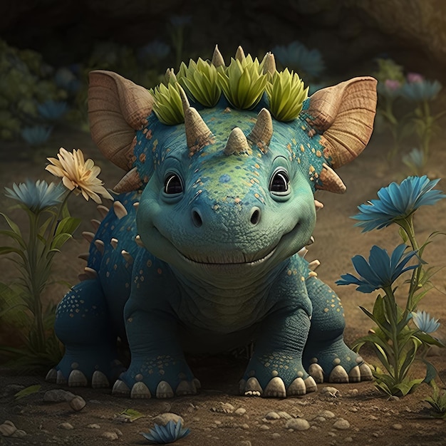 Generative AI of a cute blue dinosaur with flowers in the background