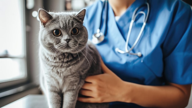수의사 진료소에서 전문 수의사가 검사를 받는 생성 AI 귀여운 고양이x9xA