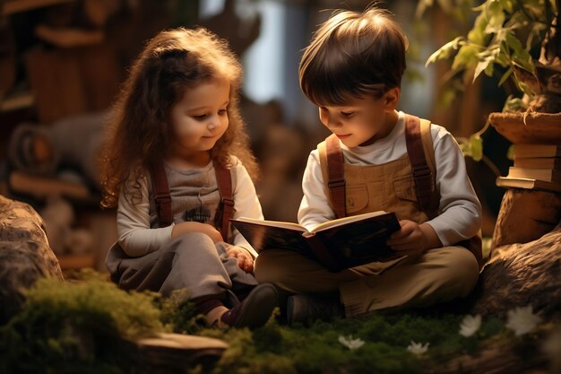 생성 AI 귀여운 아이들 소녀들이 책을 읽고 있습니다.