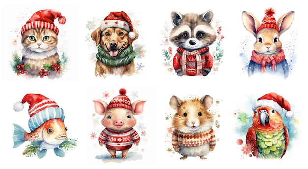 Photo generative ai cute different animal pets in christmas hats and ugly sweaters watercolor style