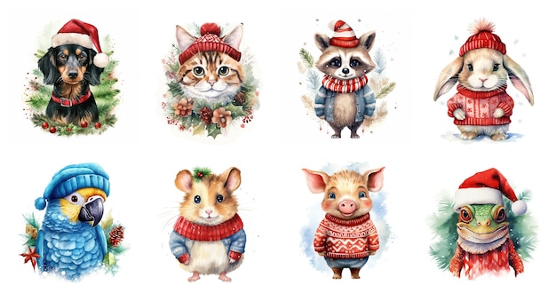 Generative AI cute different animal pets in Christmas hats and ugly sweaters watercolor style