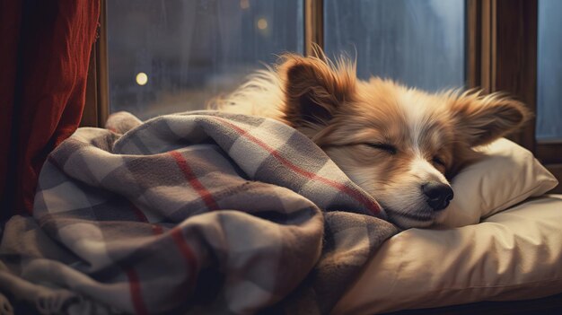 Generative AI cute dog sleeping on cozy warm blanket near the window hygge style