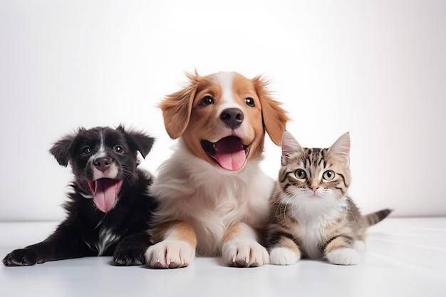 Photo generative ai cute dogs and cats together hanging paws over white horizontal website banner or soc